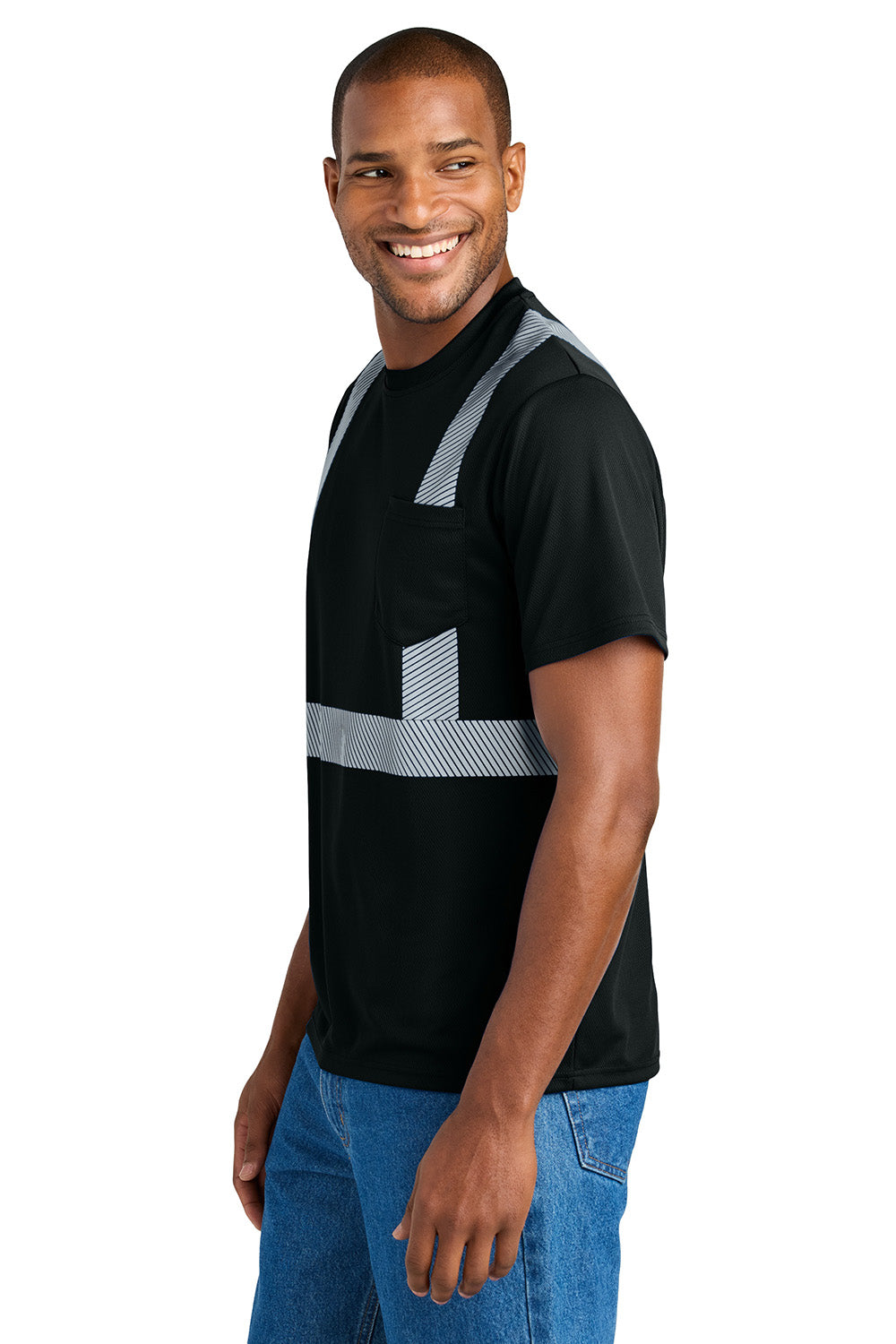 CornerStone CS206 Mens Enhanced Visibility Segmented Tape Short Sleeve Crewneck T-Shirt w/ Pocket Black Model Side