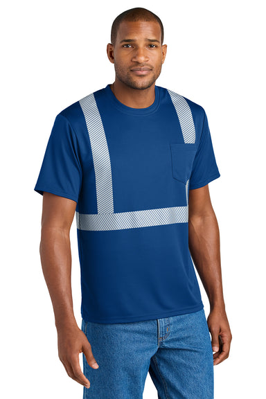 CornerStone CS206 Mens Enhanced Visibility Segmented Tape Short Sleeve Crewneck T-Shirt w/ Pocket Royal Blue Model Front