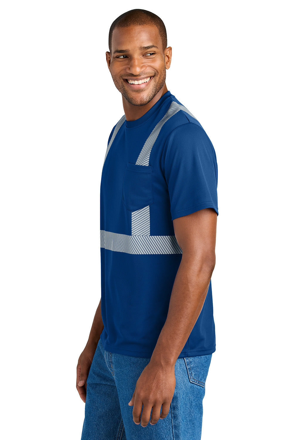 CornerStone CS206 Mens Enhanced Visibility Segmented Tape Short Sleeve Crewneck T-Shirt w/ Pocket Royal Blue Model Side