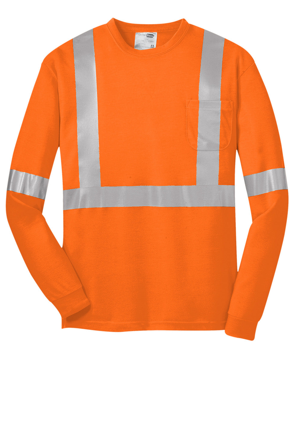 CornerStone CS401LS Mens Moisture Wicking Long Sleeve Crewneck T-Shirt w/ Pocket Safety Orange Flat Front