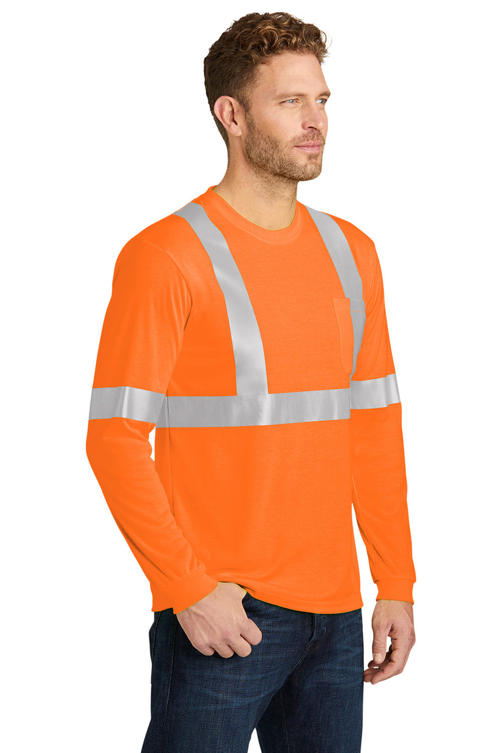 CornerStone CS401LS Mens Moisture Wicking Long Sleeve Crewneck T-Shirt w/ Pocket Safety Orange Model 3q