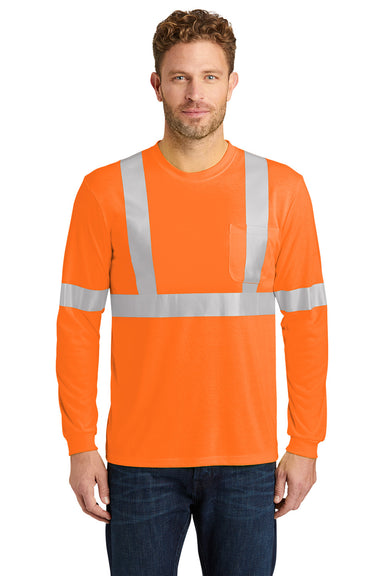 CornerStone CS401LS Mens Moisture Wicking Long Sleeve Crewneck T-Shirt w/ Pocket Safety Orange Model Front