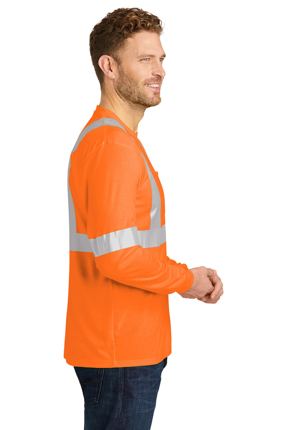 CornerStone CS401LS Mens Moisture Wicking Long Sleeve Crewneck T-Shirt w/ Pocket Safety Orange Model Side