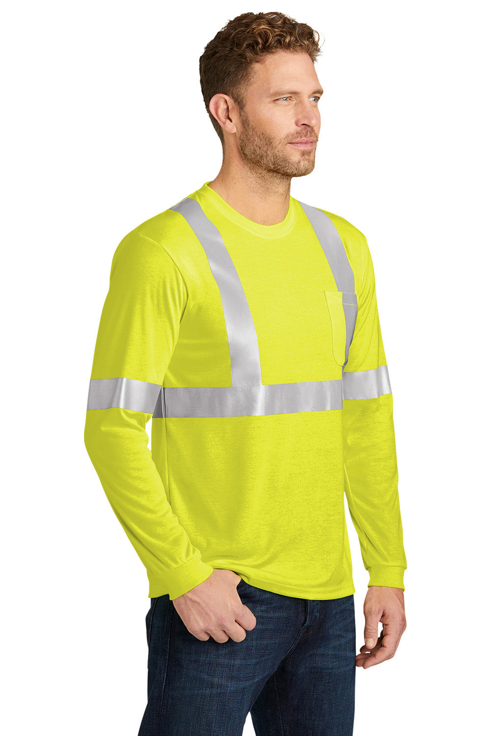 CornerStone CS401LS Mens Moisture Wicking Long Sleeve Crewneck T-Shirt w/ Pocket Safety Yellow Model 3q