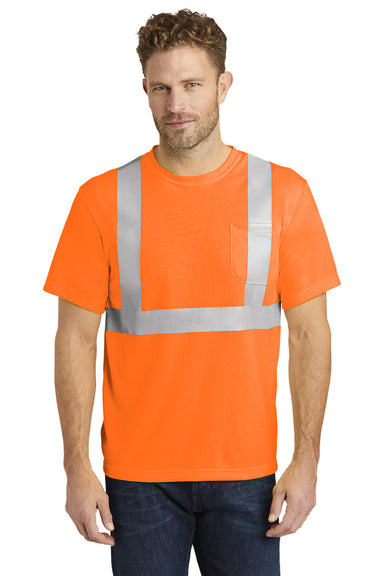 CornerStone CS401 Mens Moisture Wicking Short Sleeve Crewneck T-Shirt w/ Pocket Safety Orange Model Front