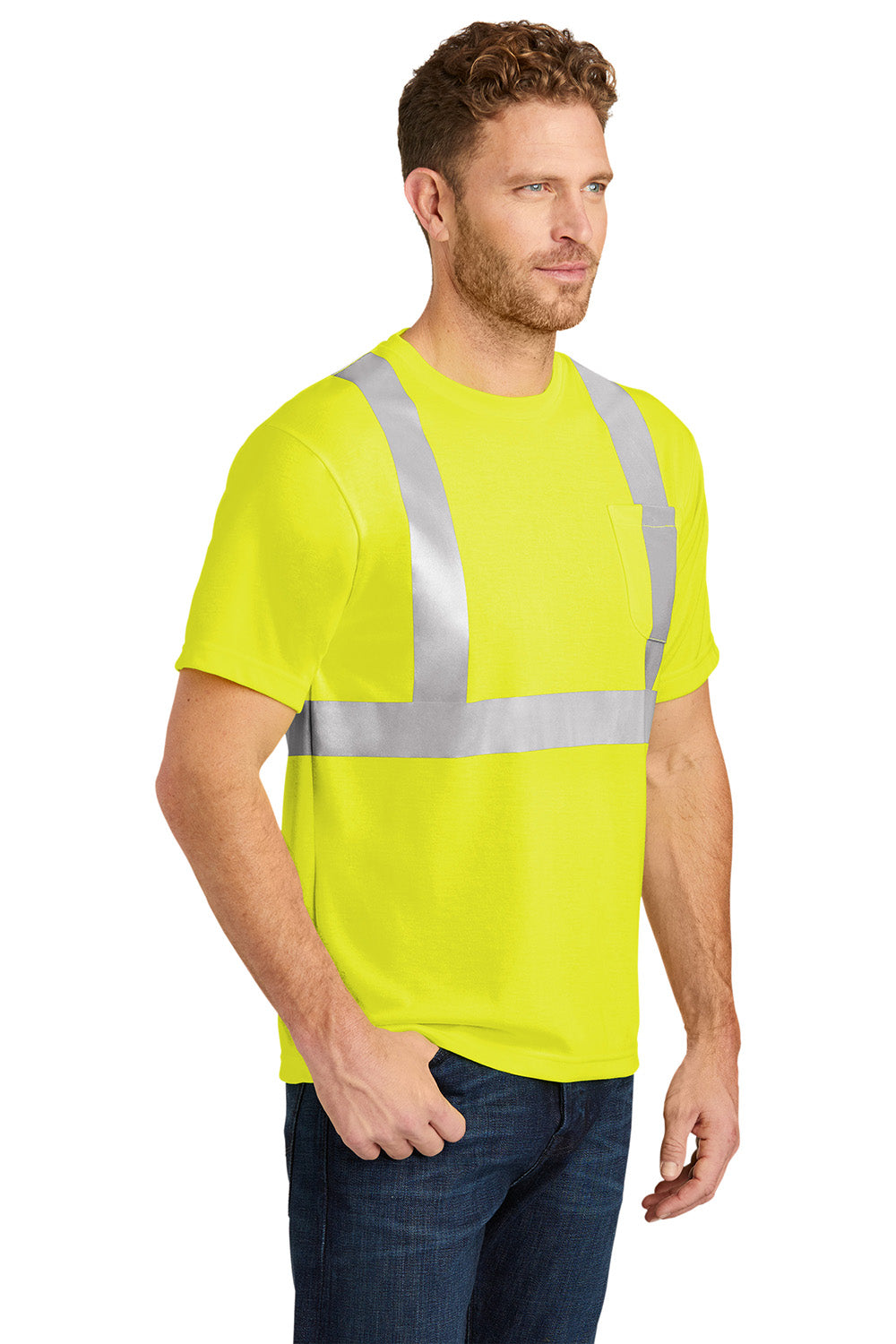 CornerStone CS401 Mens Moisture Wicking Short Sleeve Crewneck T-Shirt w/ Pocket Safety Yellow Model 3q