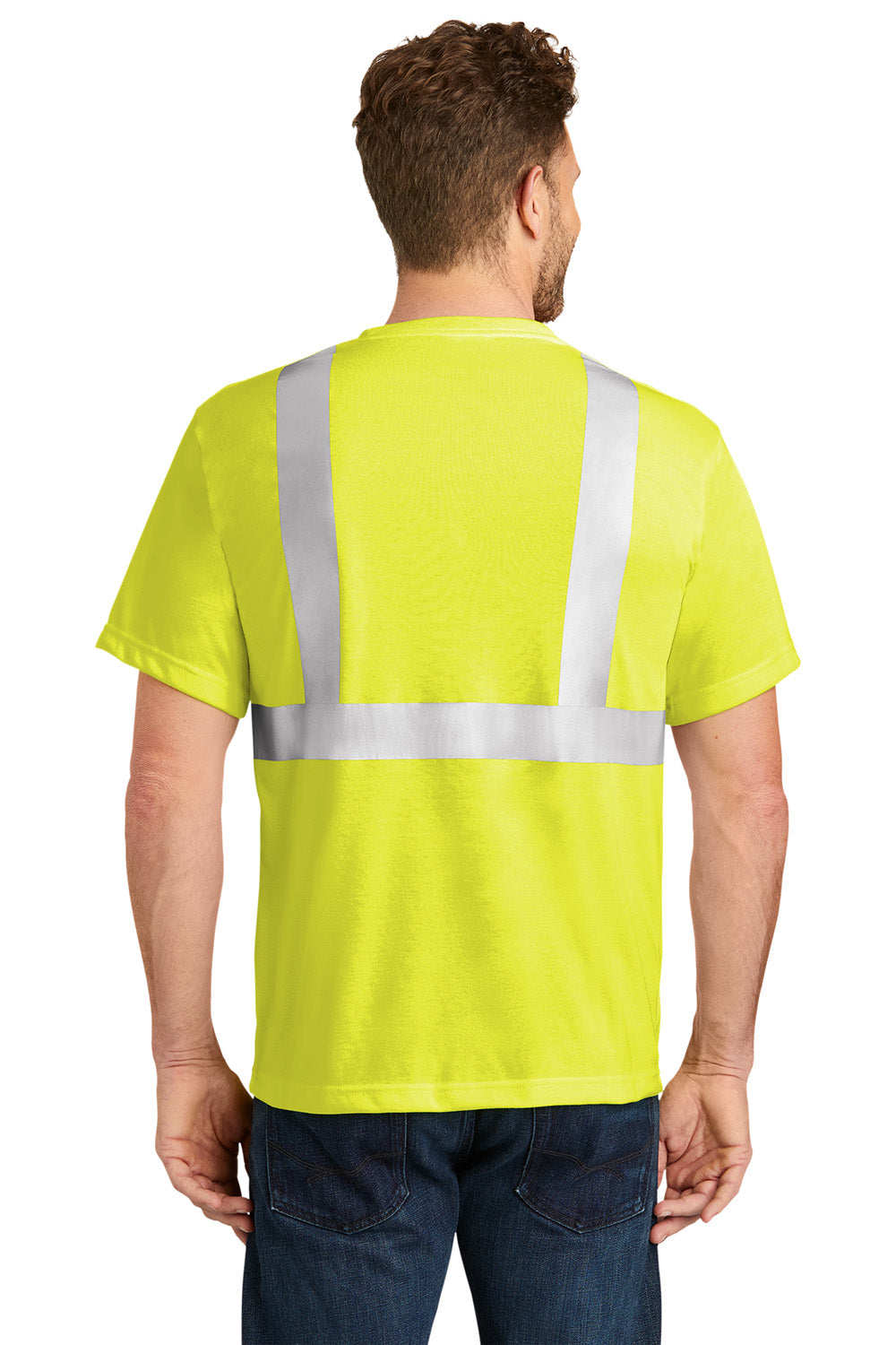 CornerStone CS401 Mens Moisture Wicking Short Sleeve Crewneck T-Shirt w/ Pocket Safety Yellow Model Back