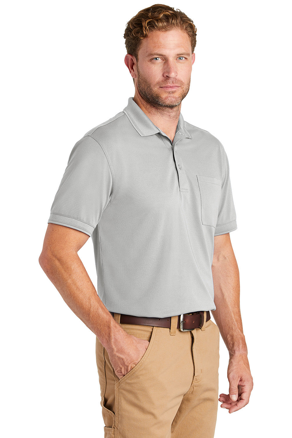 CornerStone CS4020P Mens Industrial Moisture Wicking Short Sleeve Polo Shirt w/ Pocket Light Grey Model 3q