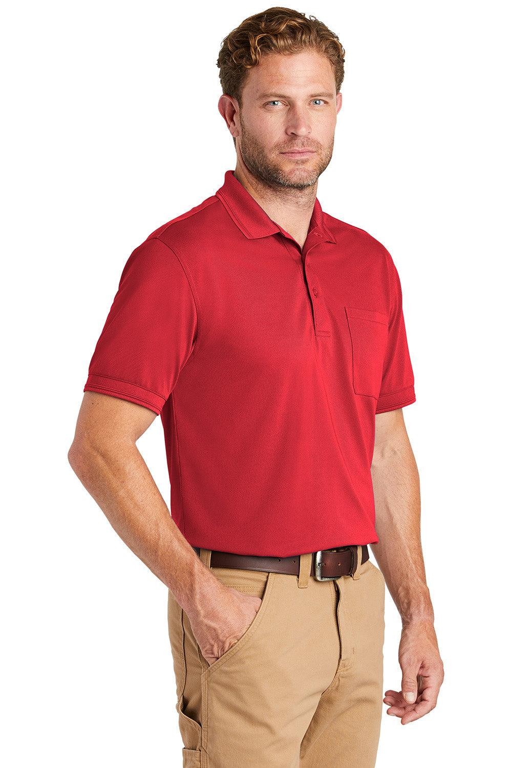 CornerStone CS4020P Mens Industrial Moisture Wicking Short Sleeve Polo Shirt w/ Pocket Red Model 3q