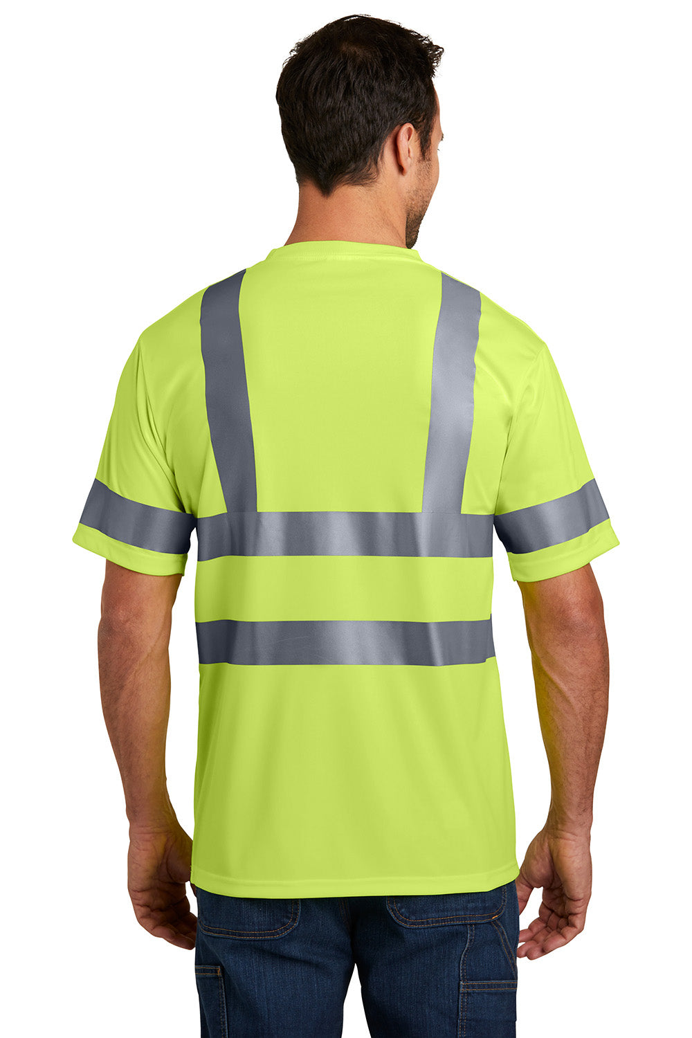 CornerStone CS408 Mens Moisture Wicking Short Sleeve Crewneck T-Shirt w/ Pocket Safety Yellow Model Back