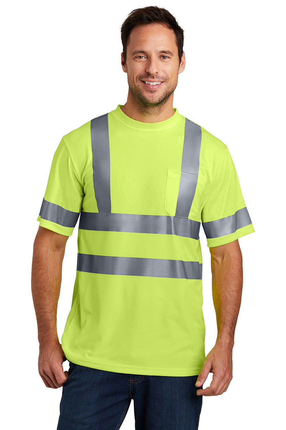 CornerStone CS408 Mens Moisture Wicking Short Sleeve Crewneck T-Shirt w/ Pocket Safety Yellow Model Front