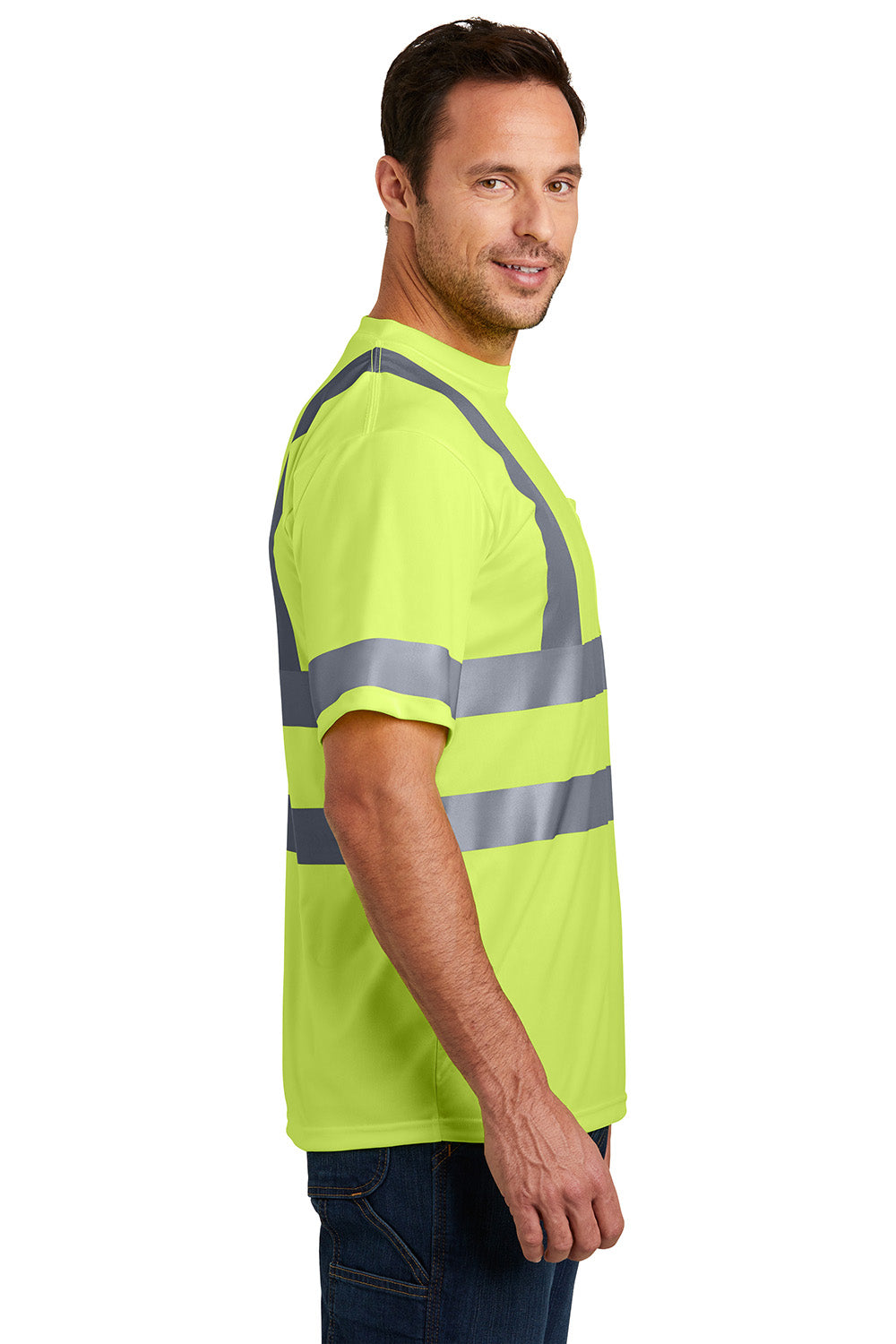 CornerStone CS408 Mens Moisture Wicking Short Sleeve Crewneck T-Shirt w/ Pocket Safety Yellow Model Side