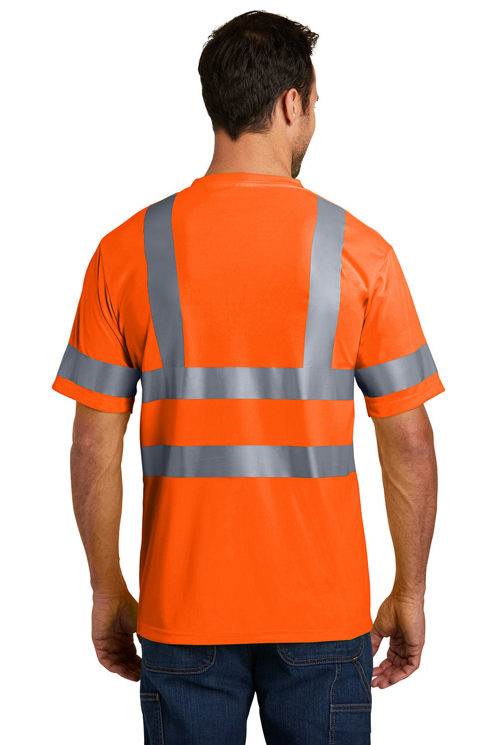 CornerStone CS408 Mens Moisture Wicking Short Sleeve Crewneck T-Shirt w/ Pocket Safety Orange Model Back