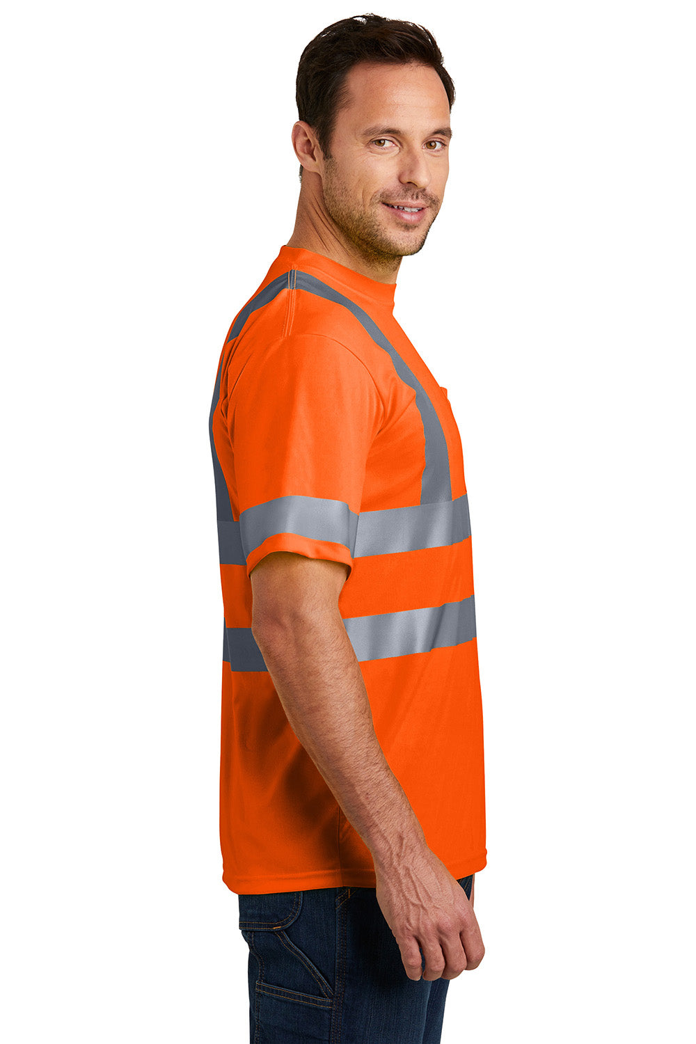 CornerStone CS408 Mens Moisture Wicking Short Sleeve Crewneck T-Shirt w/ Pocket Safety Orange Model Side