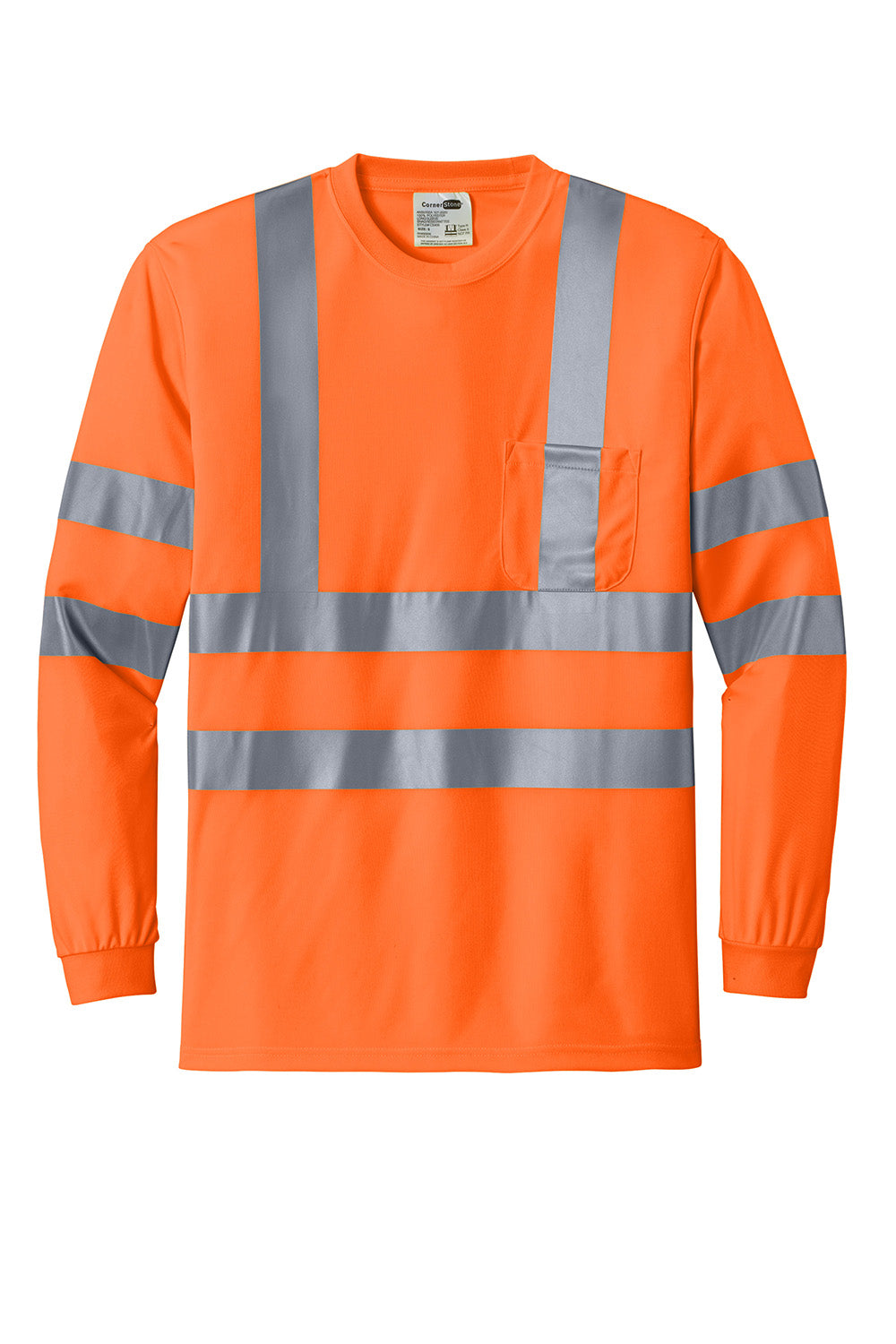 CornerStone CS409 Mens Moisture Wicking Long Sleeve Crewneck T-Shirt w/ Pocket Safety Orange Flat Front