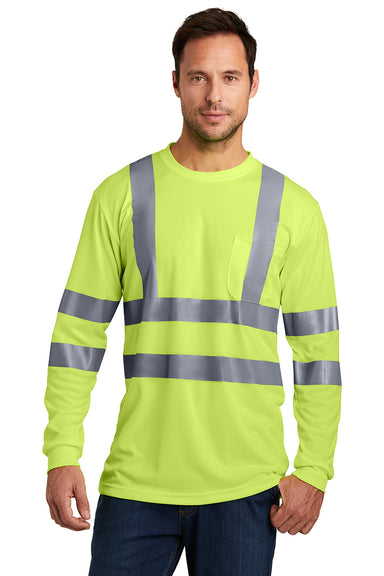 CornerStone CS409 Mens Moisture Wicking Long Sleeve Crewneck T-Shirt w/ Pocket Safety Yellow Model Front