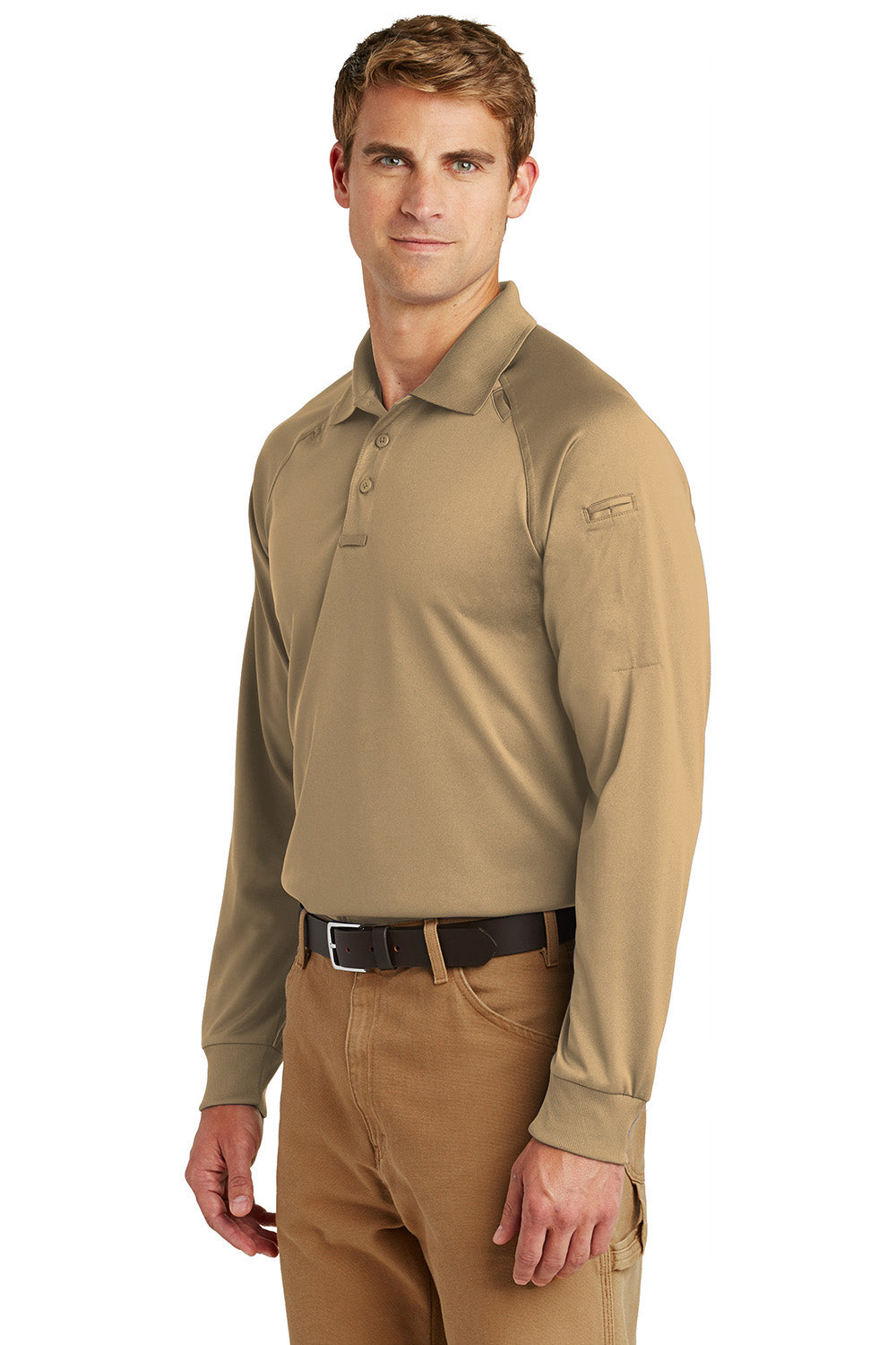 CornerStone CS410LS Mens Select Tactical Moisture Wicking Long Sleeve Polo Shirt Tan Model 3q