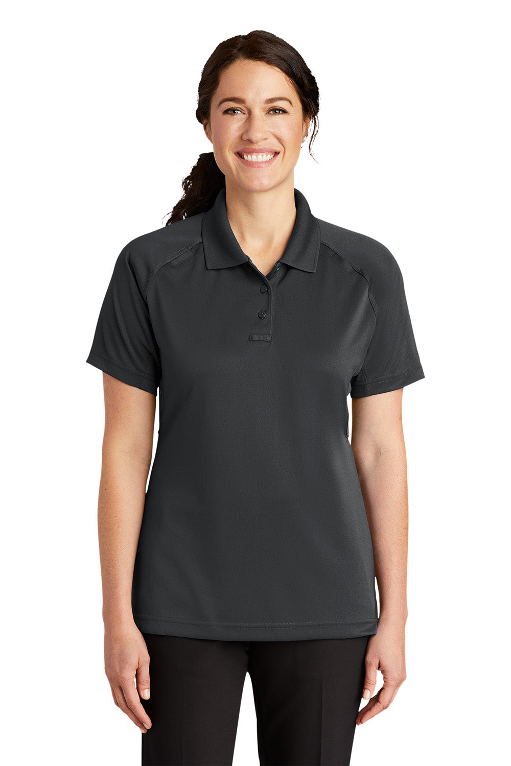 CornerStone CS411 Womens Select Tactical Moisture Wicking Short Sleeve Polo Shirt Charcoal Grey Model Front