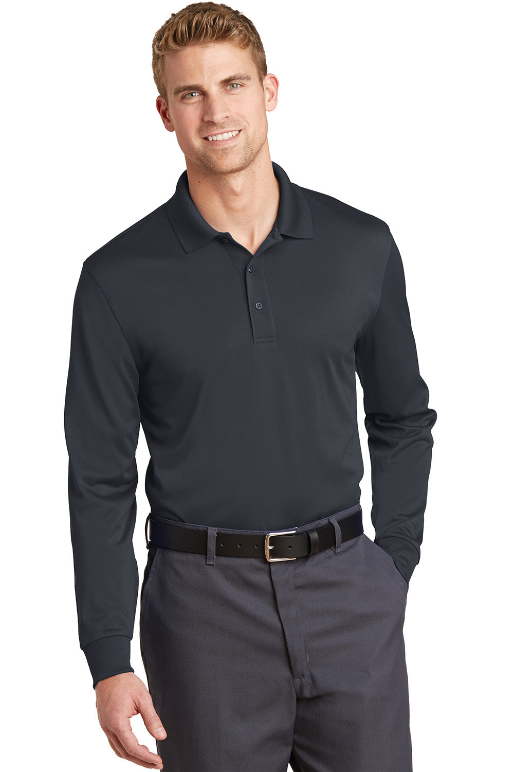 CornerStone CS412LS Mens Select Moisture Wicking Long Sleeve Polo Shirt Charcoal Grey Model 3q