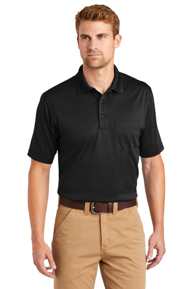 CornerStone CS412P Mens Select Moisture Wicking Short Sleeve Polo Shirt w/ Pocket Black Model Front