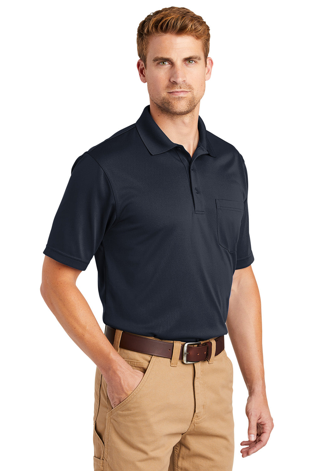 CornerStone CS412P Mens Select Moisture Wicking Short Sleeve Polo Shirt w/ Pocket Dark Navy Blue Model 3q