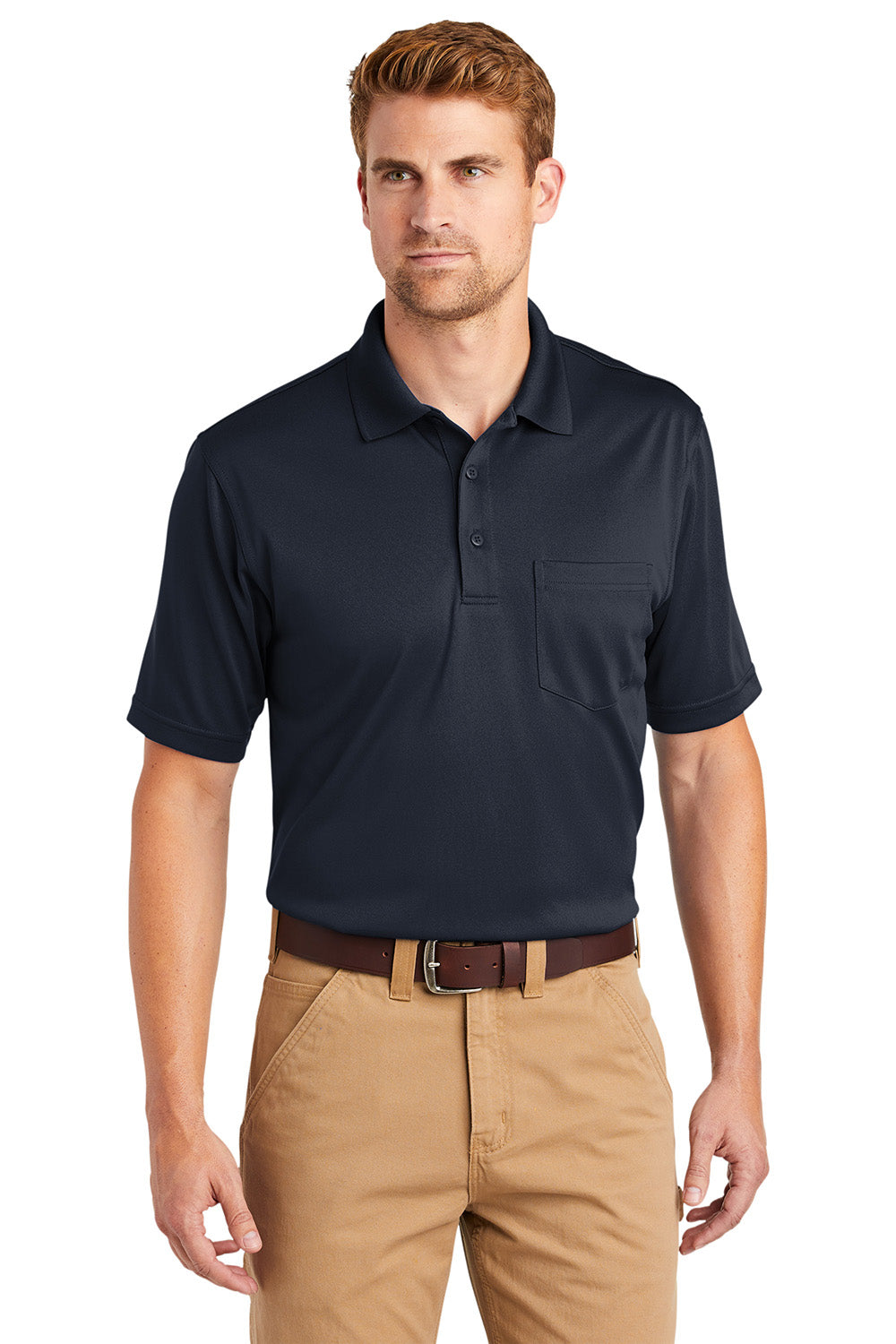 CornerStone CS412P Mens Select Moisture Wicking Short Sleeve Polo Shirt w/ Pocket Dark Navy Blue Model Front