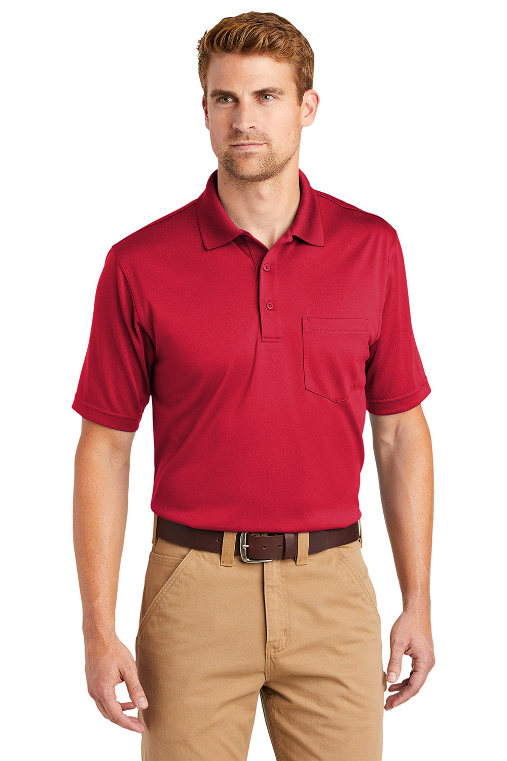 CornerStone CS412P Mens Select Moisture Wicking Short Sleeve Polo Shirt w/ Pocket Red Model Front