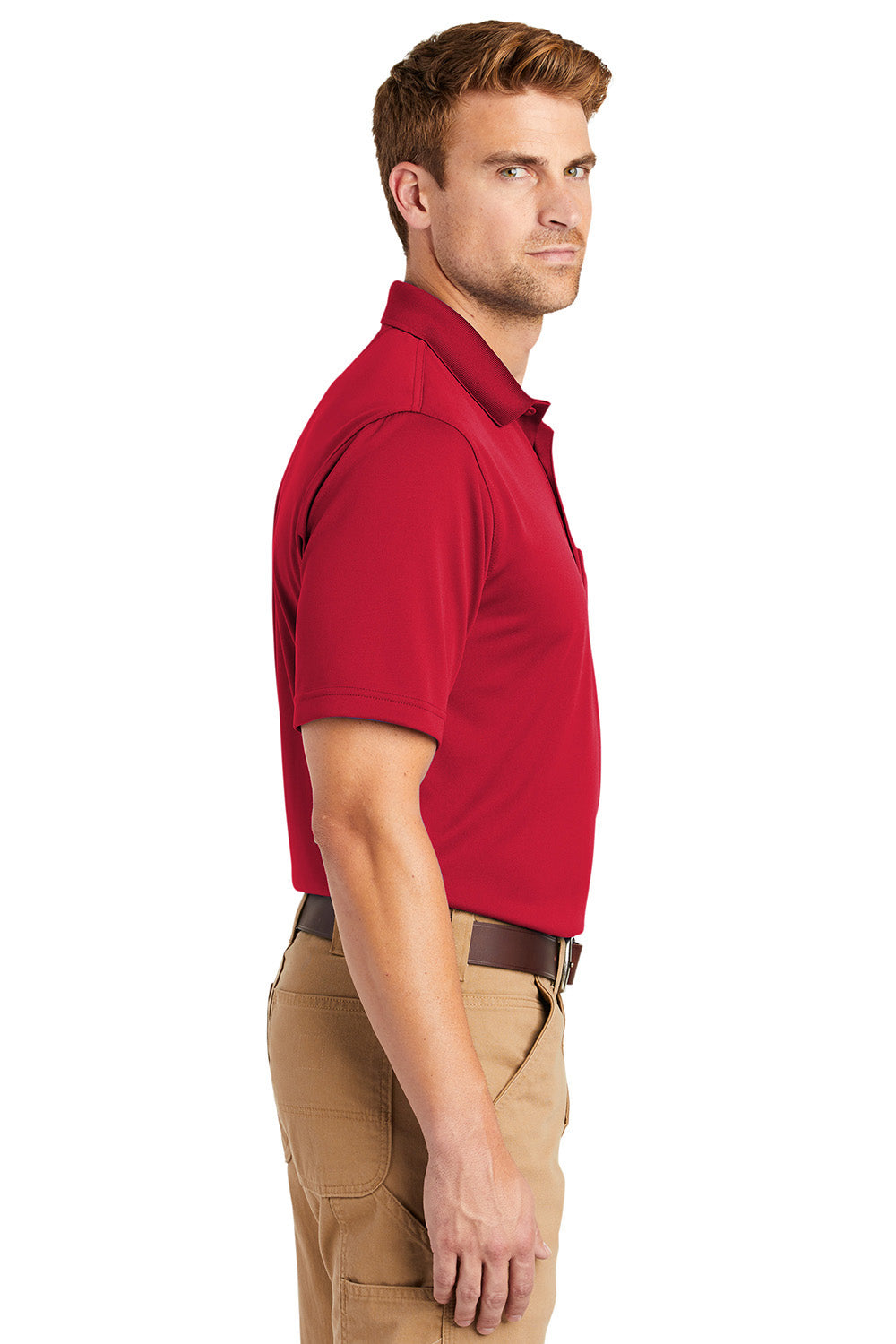 CornerStone CS412P Mens Select Moisture Wicking Short Sleeve Polo Shirt w/ Pocket Red Model Side