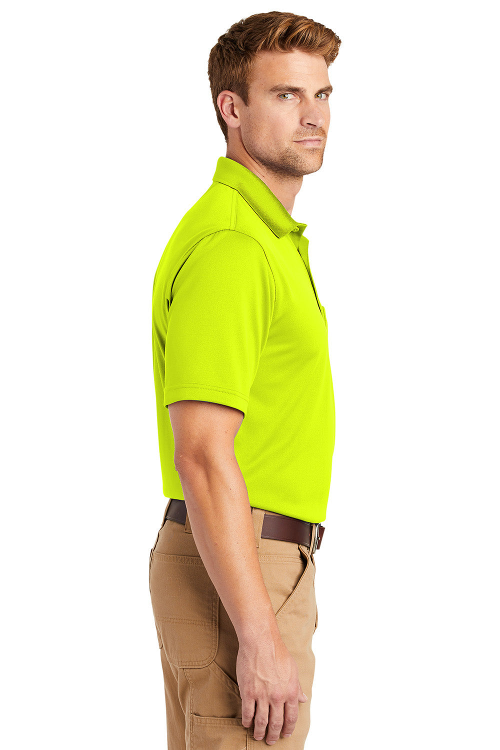 CornerStone CS412P Mens Select Moisture Wicking Short Sleeve Polo Shirt w/ Pocket Safety Yellow Model Side