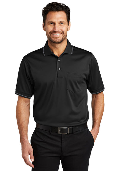 CornerStone CS415 Mens Select Moisture Wicking Short Sleeve Polo Shirt w/ Pocket Black/Smoke Grey Model Front