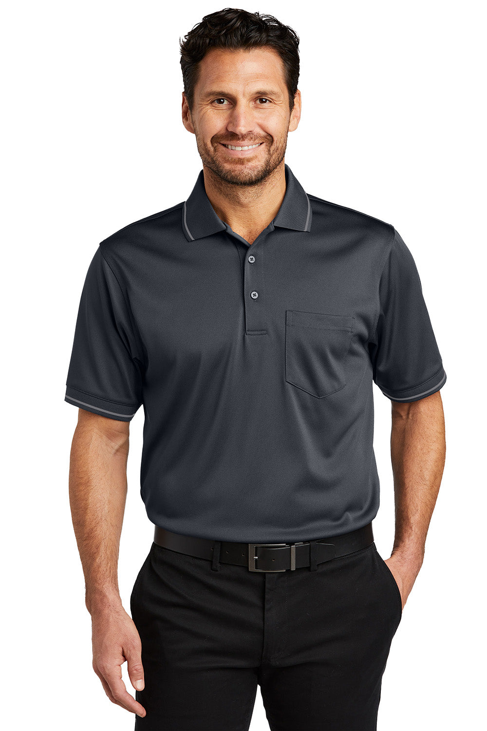 CornerStone CS415 Mens Select Moisture Wicking Short Sleeve Polo Shirt w/ Pocket Charcoal Grey/Light Grey Model Front