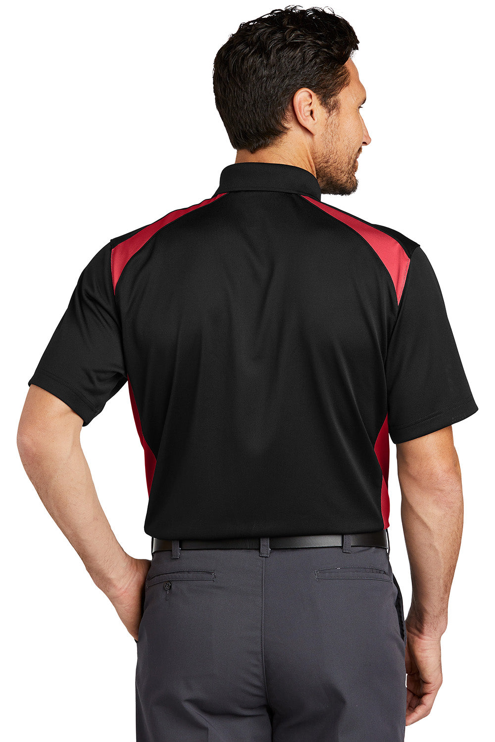 CornerStone CS416 Mens Select Moisture Wicking Short Sleeve Polo Shirt w/ Pocket Black/Red Model Back