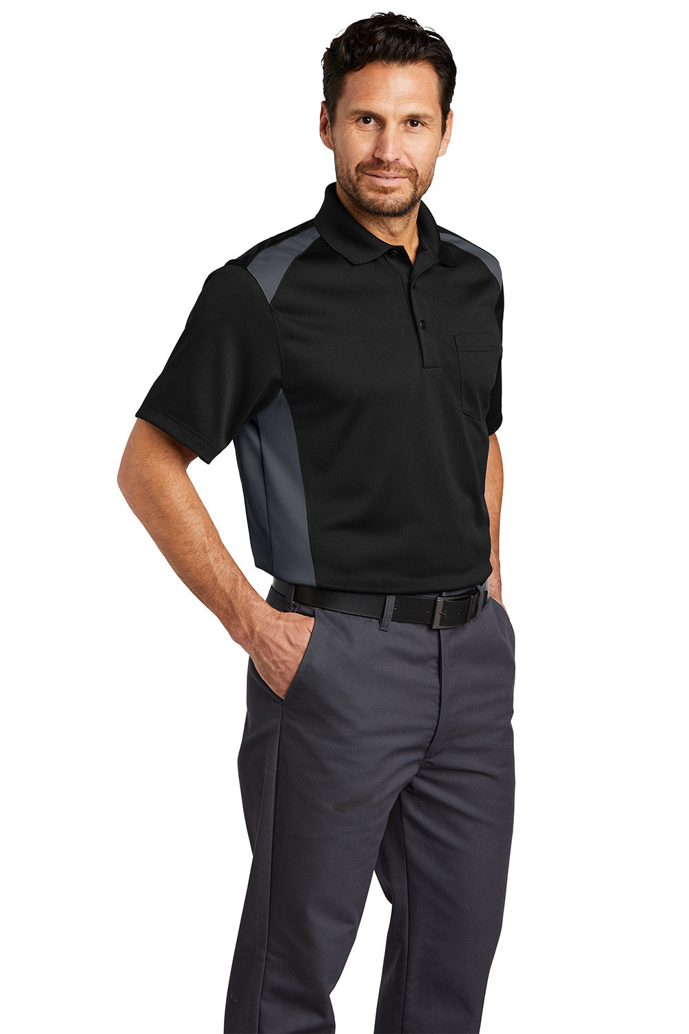 CornerStone CS416 Mens Select Moisture Wicking Short Sleeve Polo Shirt w/ Pocket Black/Charcoal Grey Model 3q