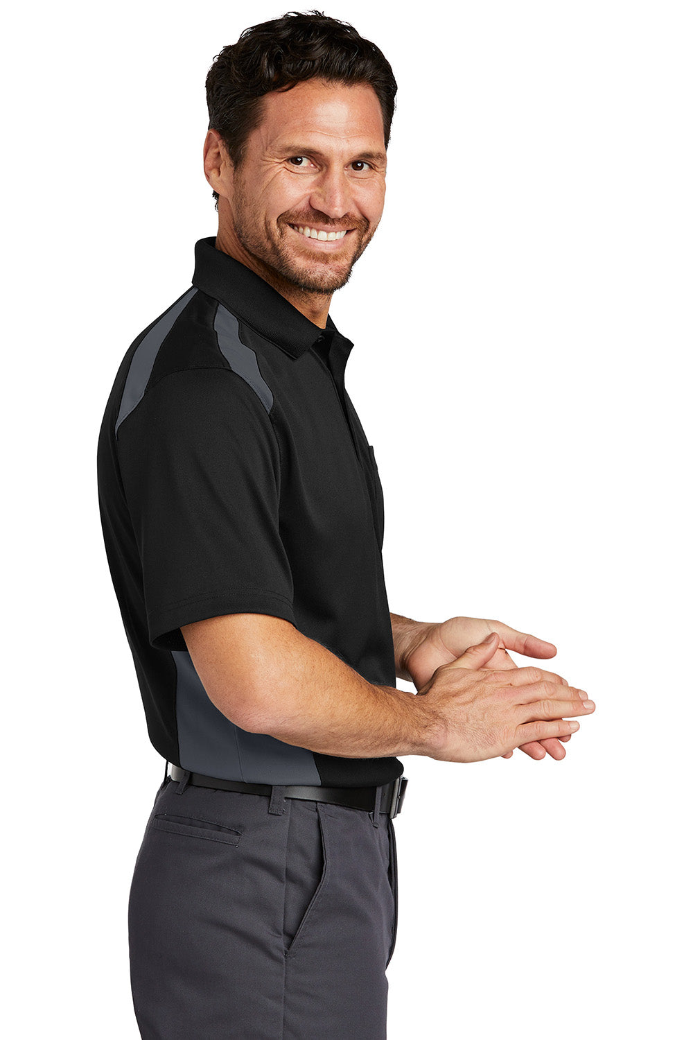 CornerStone CS416 Mens Select Moisture Wicking Short Sleeve Polo Shirt w/ Pocket Black/Charcoal Grey Model Side