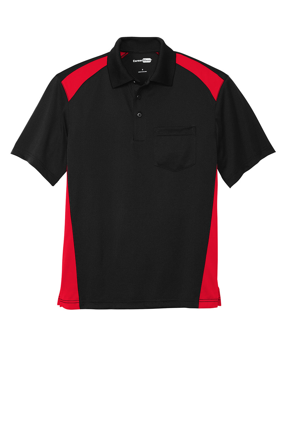 CornerStone CS416 Mens Select Moisture Wicking Short Sleeve Polo Shirt w/ Pocket Black/Red Flat Front