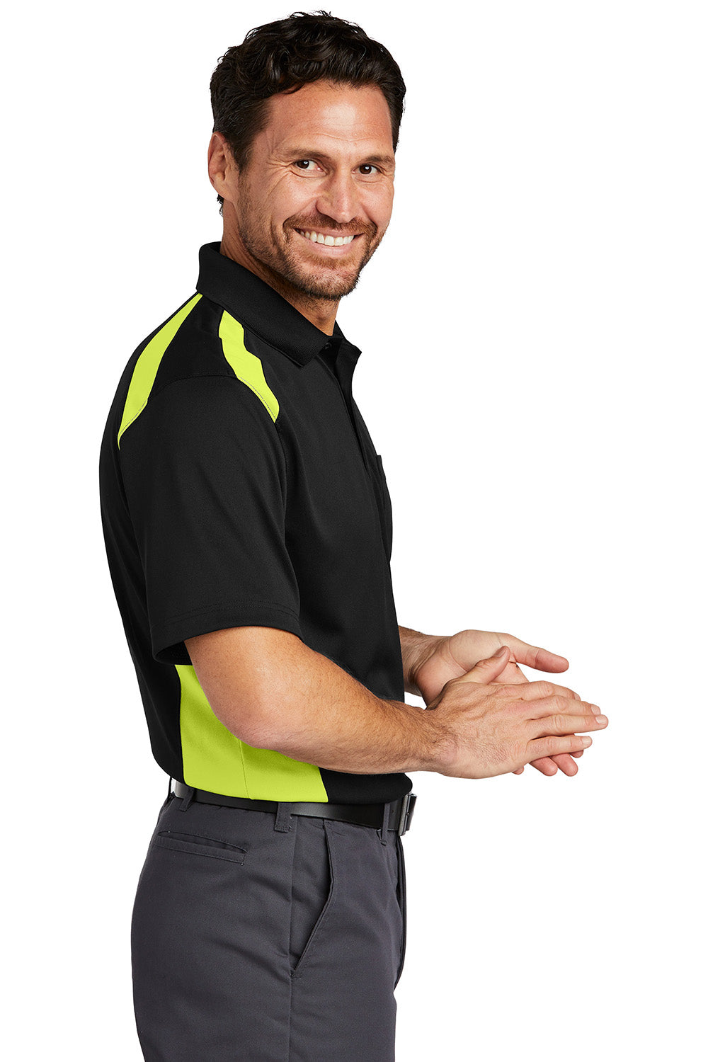 CornerStone CS416 Mens Select Moisture Wicking Short Sleeve Polo Shirt w/ Pocket Black/Shock Green Model Side