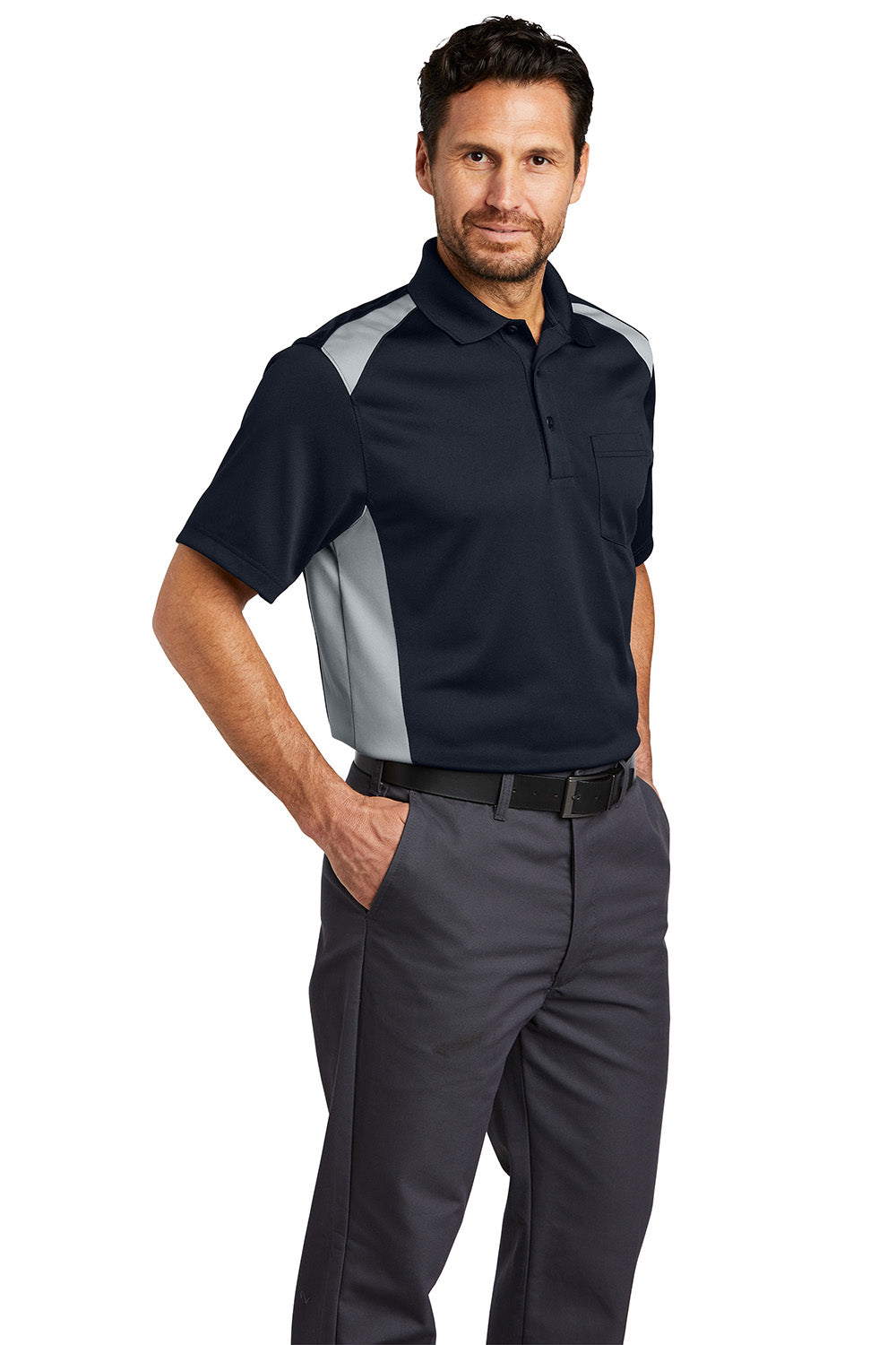 CornerStone CS416 Mens Select Moisture Wicking Short Sleeve Polo Shirt w/ Pocket Dark Navy Blue/Light Grey Model 3q