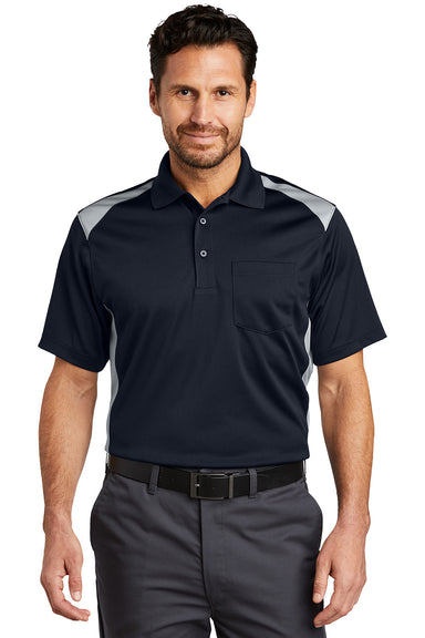 CornerStone CS416 Mens Select Moisture Wicking Short Sleeve Polo Shirt w/ Pocket Dark Navy Blue/Light Grey Model Front