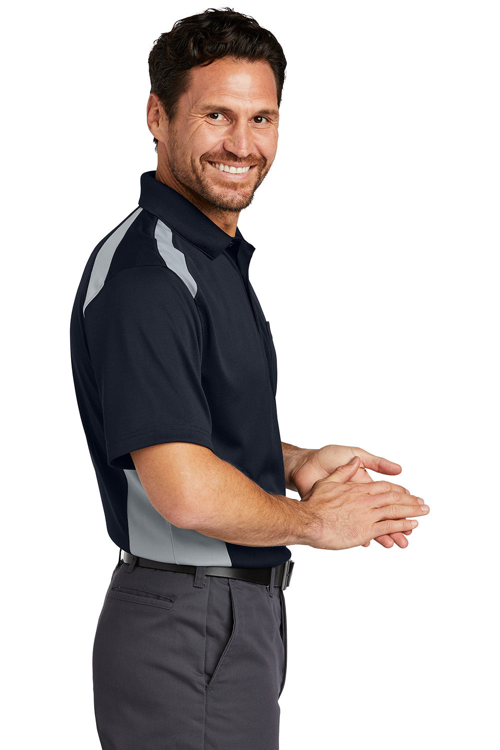 CornerStone CS416 Mens Select Moisture Wicking Short Sleeve Polo Shirt w/ Pocket Dark Navy Blue/Light Grey Model Side