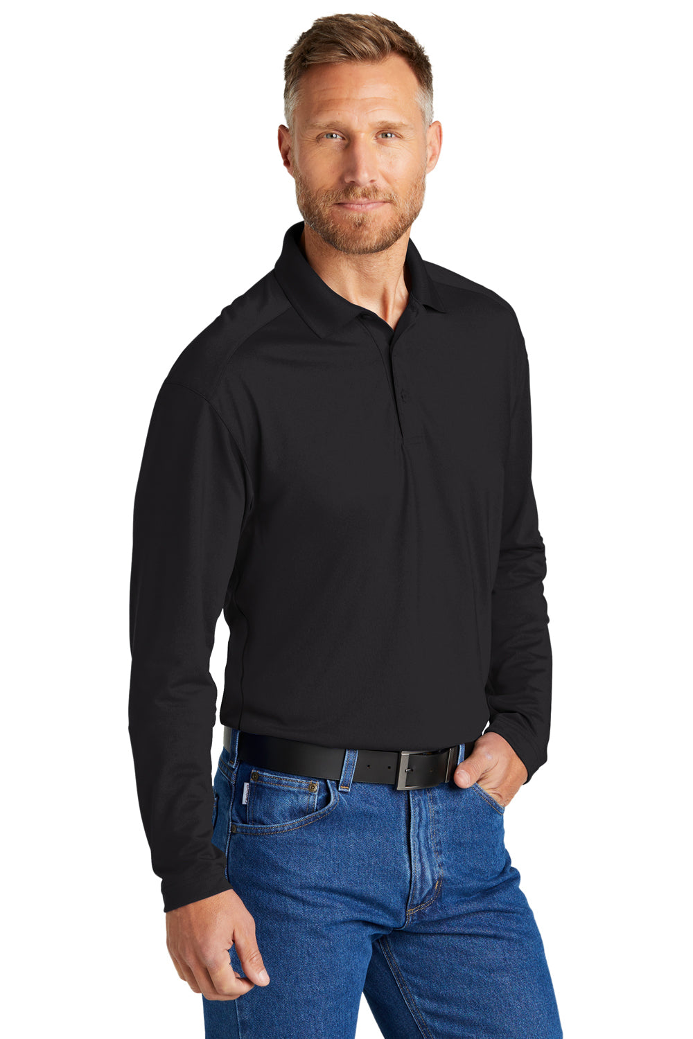 CornerStone CS418LS Mens Select Moisture Wicking Long Sleeve Polo Shirt Black Model 3q