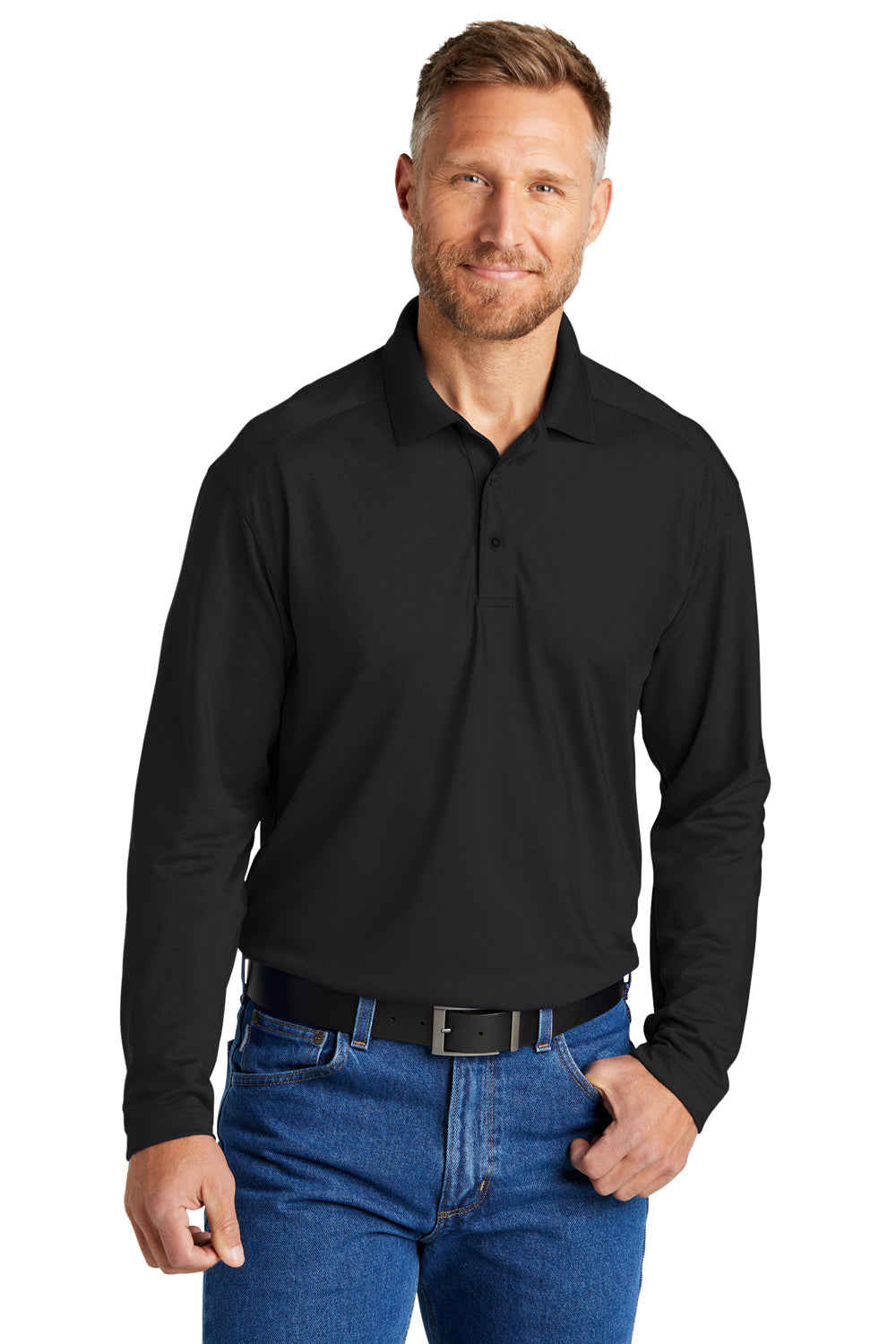 CornerStone CS418LS Mens Select Moisture Wicking Long Sleeve Polo Shirt Black Model Front