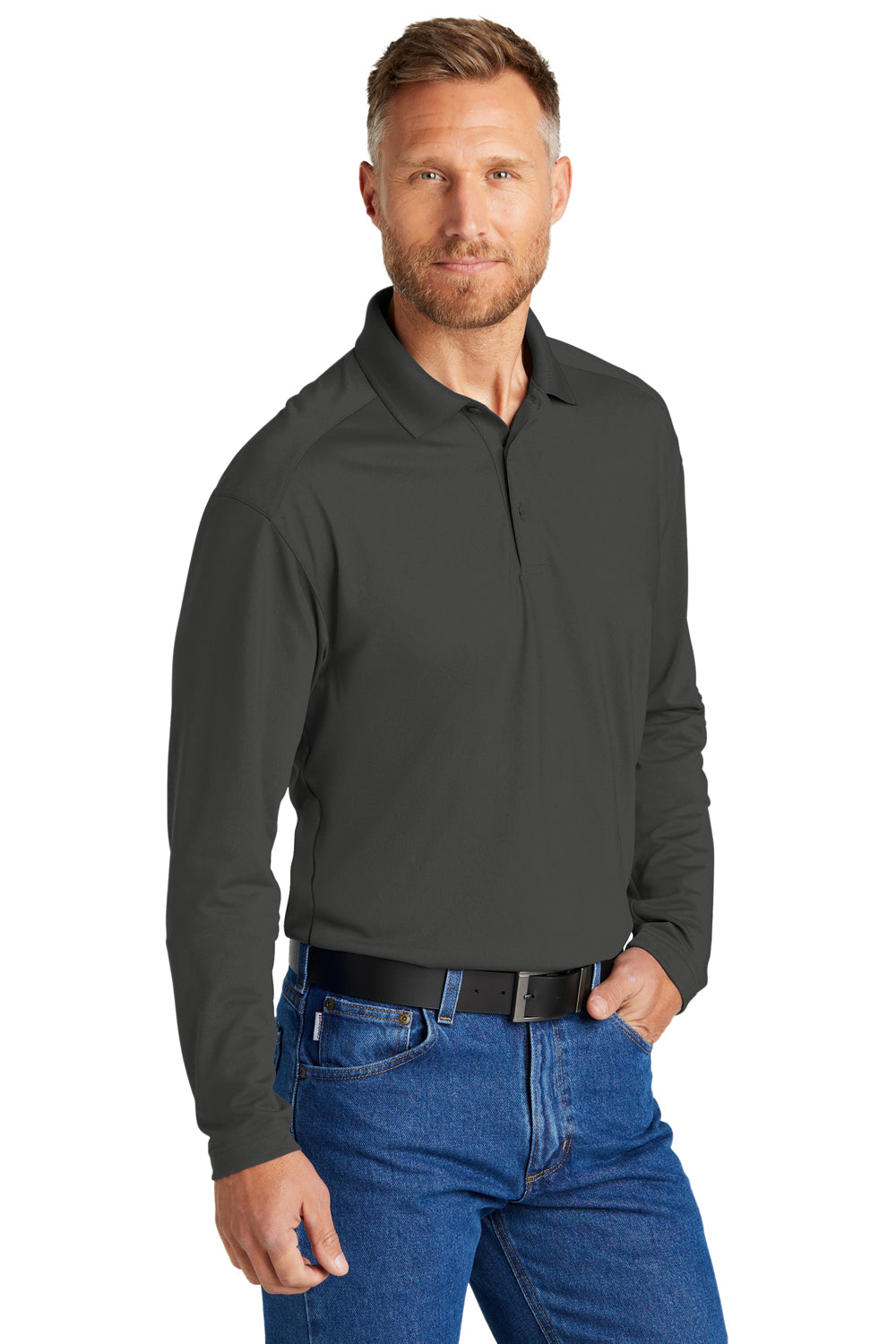 CornerStone CS418LS Mens Select Moisture Wicking Long Sleeve Polo Shirt Charcoal Grey Model 3q