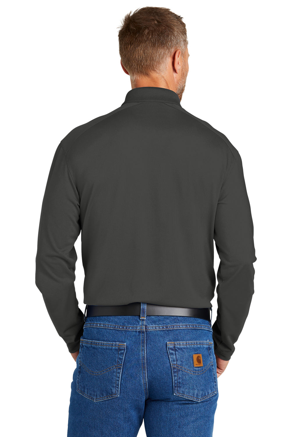 CornerStone CS418LS Mens Select Moisture Wicking Long Sleeve Polo Shirt Charcoal Grey Model Back