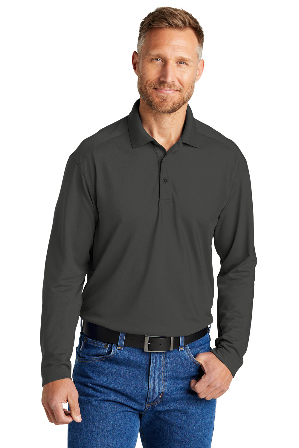 CornerStone CS418LS Mens Select Moisture Wicking Long Sleeve Polo Shirt Charcoal Grey Model Front