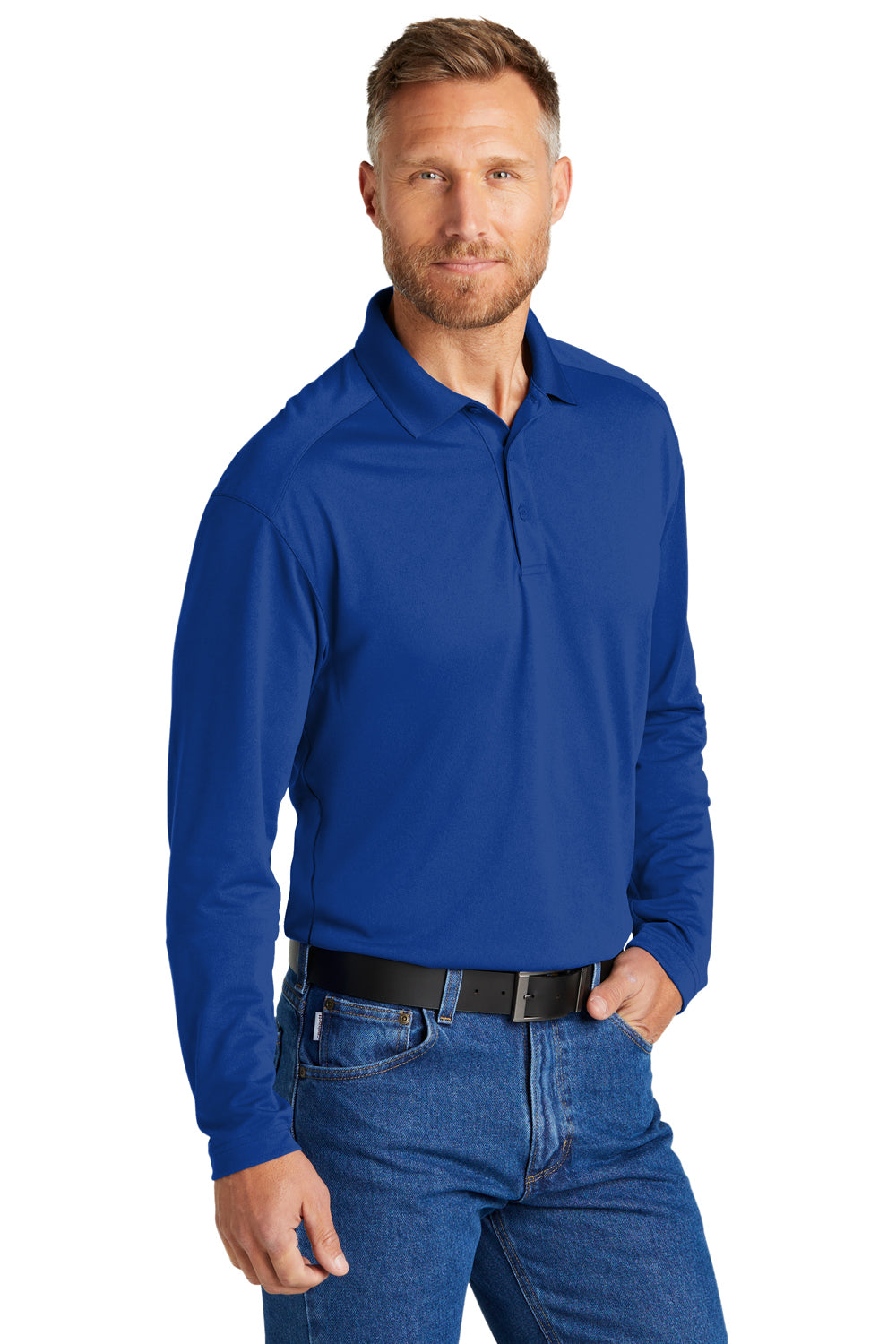 CornerStone CS418LS Mens Select Moisture Wicking Long Sleeve Polo Shirt Royal Blue Model 3q