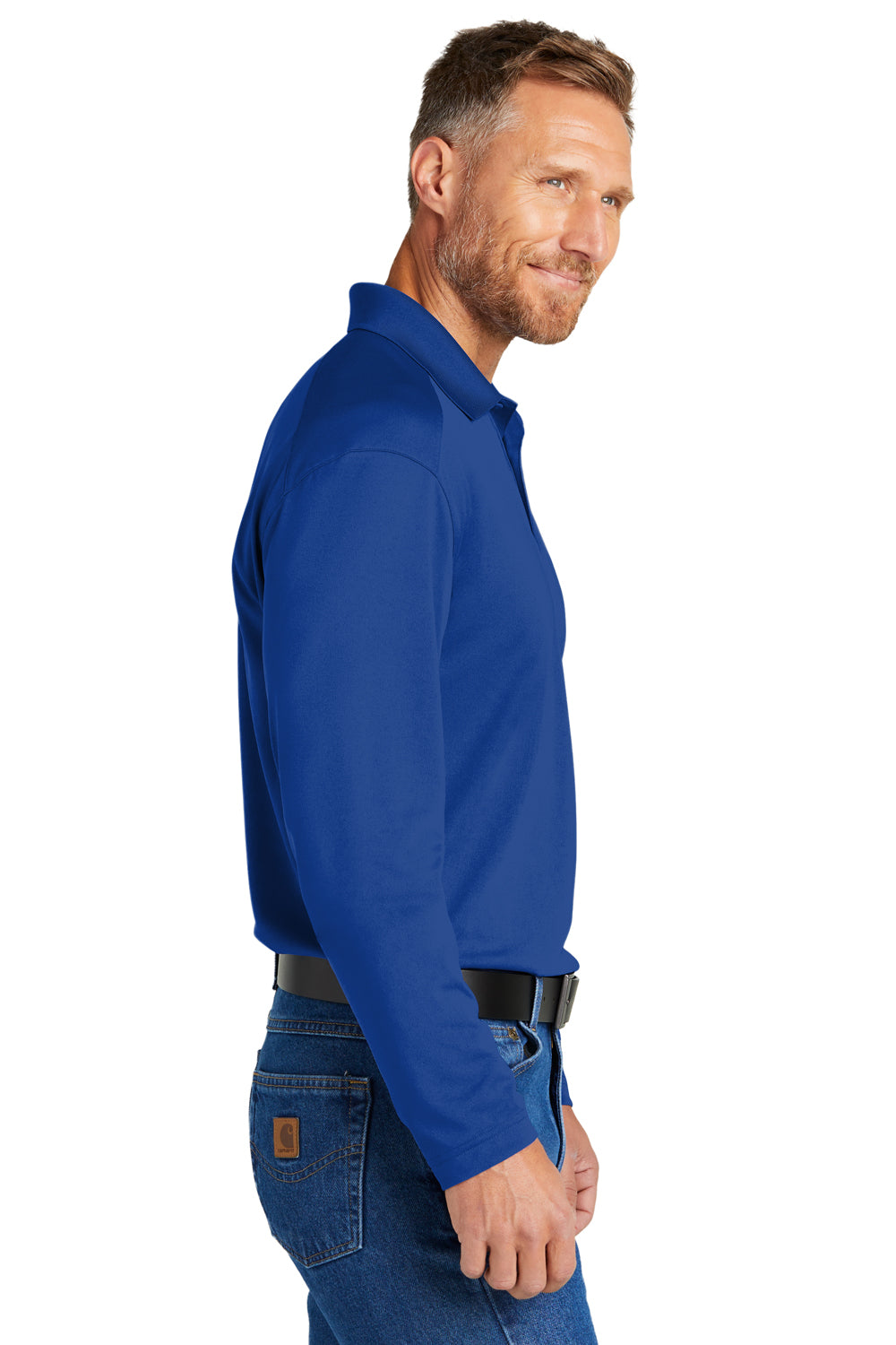 CornerStone CS418LS Mens Select Moisture Wicking Long Sleeve Polo Shirt Royal Blue Model Side