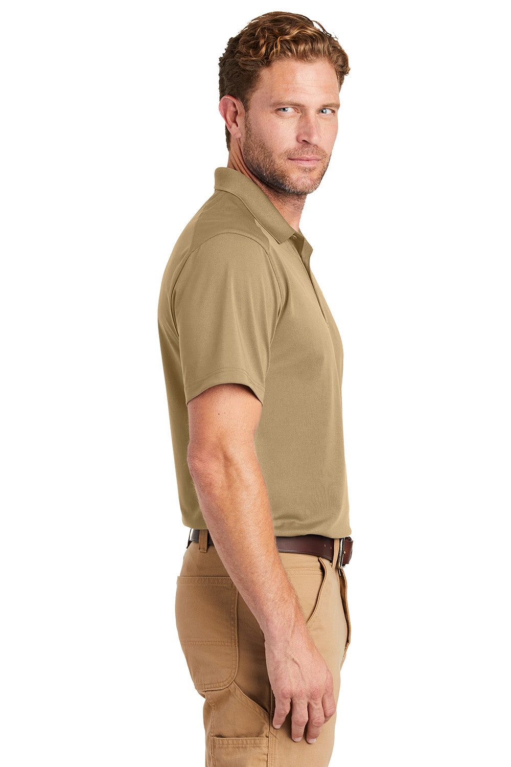 CornerStone CS418/TLCS418 Mens Select Moisture Wicking Short Sleeve Polo Shirt Tan Model Side