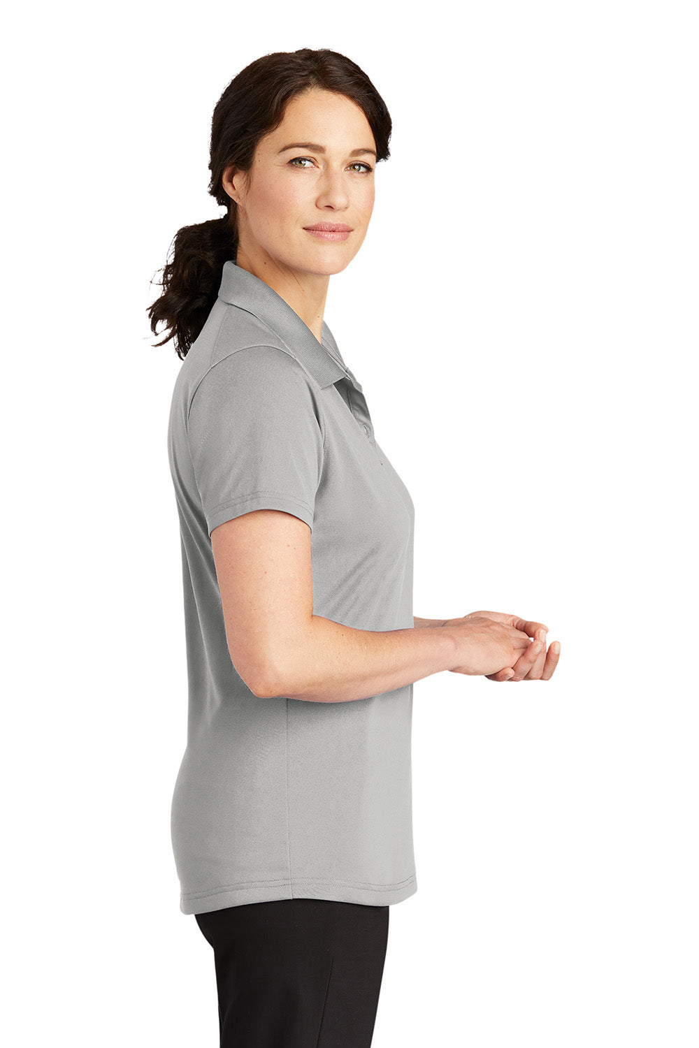 CornerStone CS419 Womens Select Moisture Wicking Short Sleeve Polo Shirt Light Grey Model Side