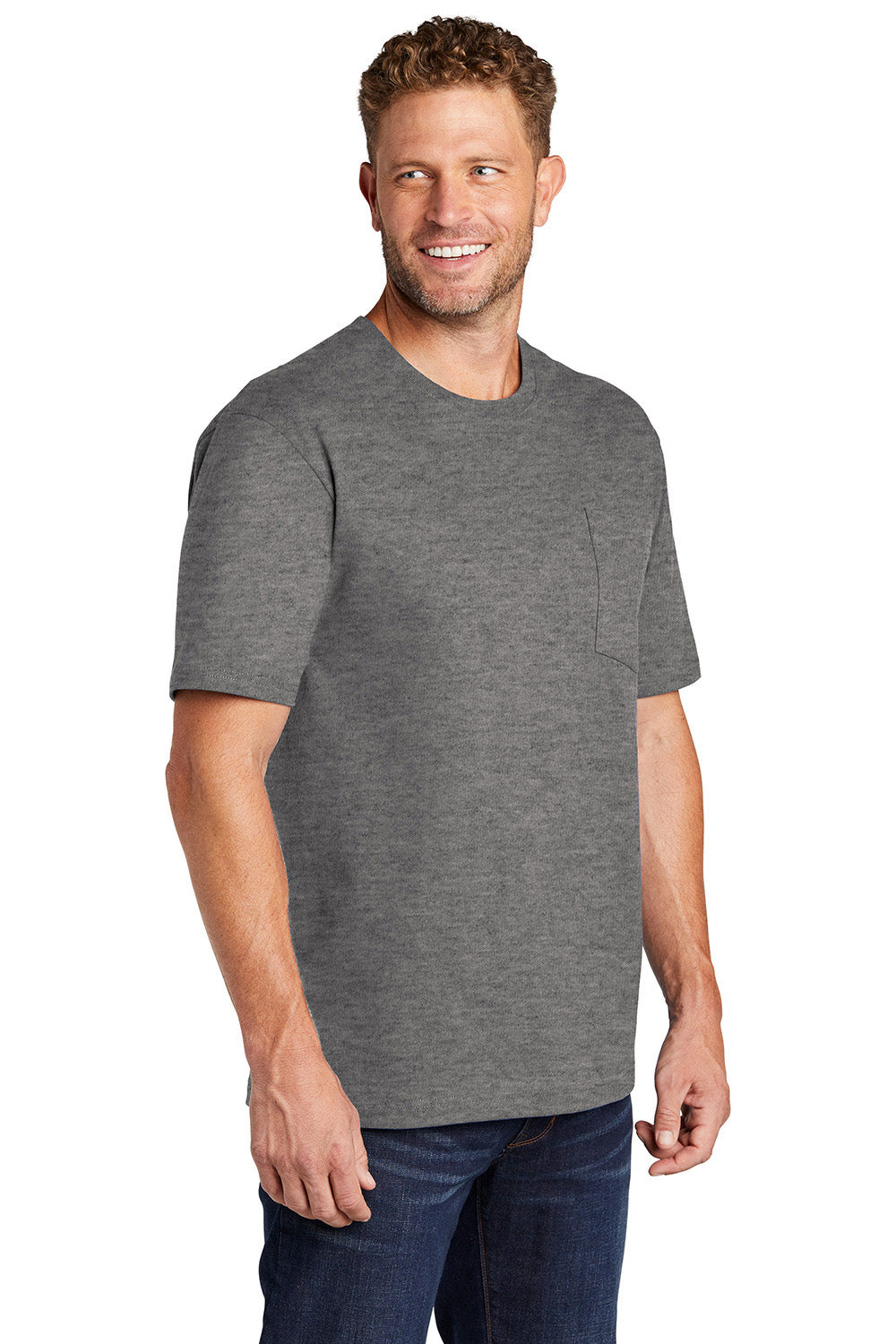 CornerStone CS430 Mens Short Sleeve Crewneck T-Shirt w/ Pocket Heather Charcoal Grey Model 3q