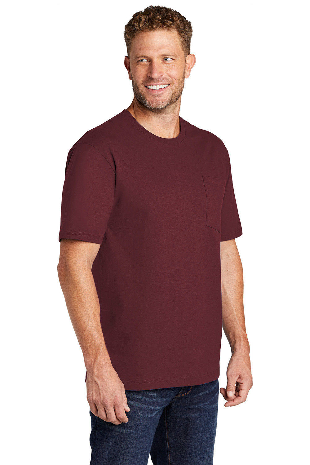 CornerStone CS430 Mens Short Sleeve Crewneck T-Shirt w/ Pocket Maroon Model 3q